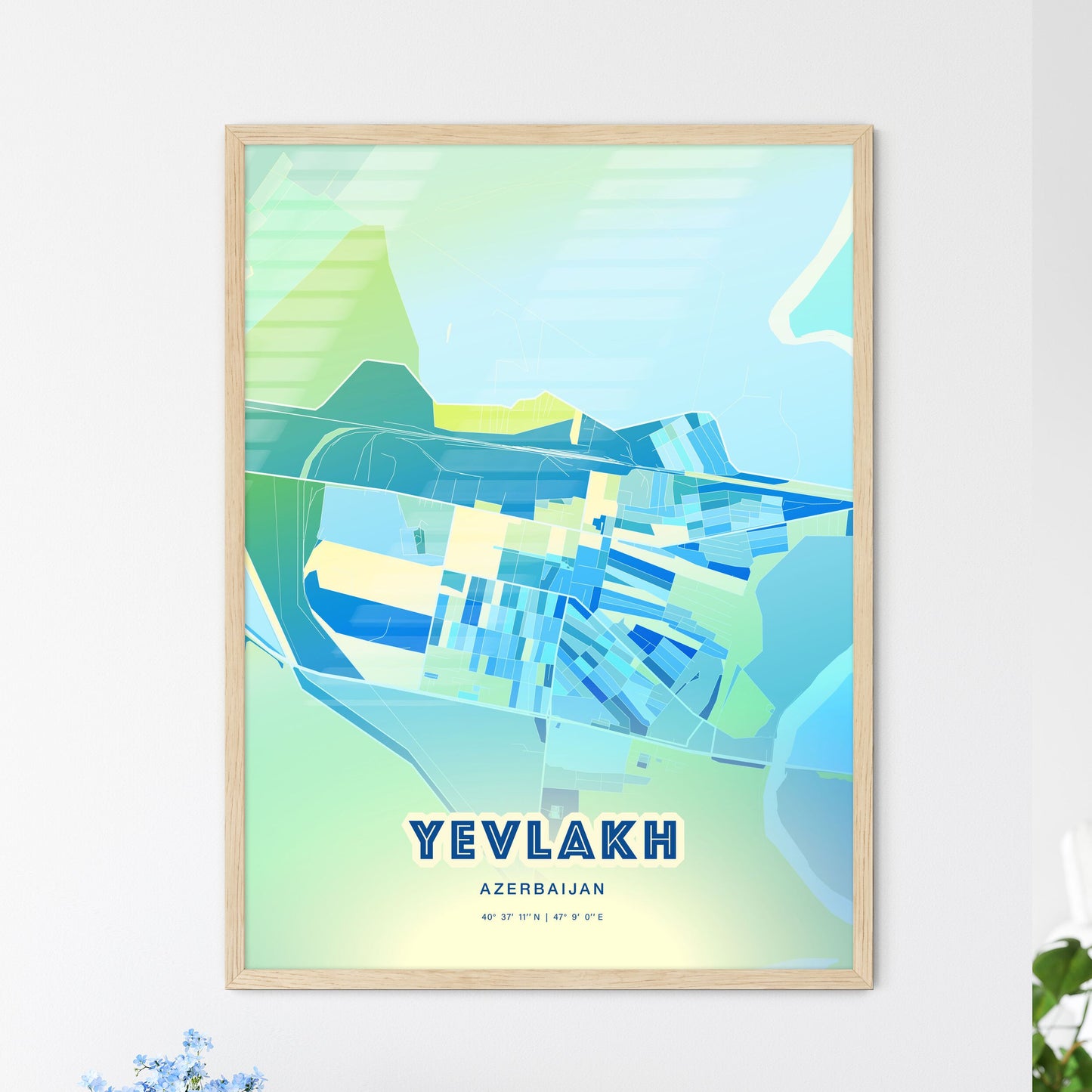 Colorful YEVLAKH AZERBAIJAN Fine Art Map Cool Blue