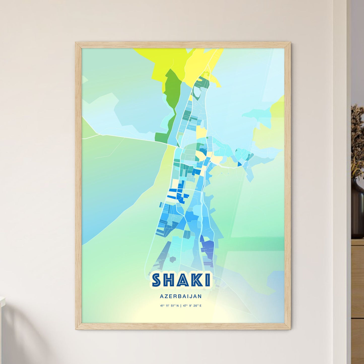 Colorful SHAKI AZERBAIJAN Fine Art Map Cool Blue