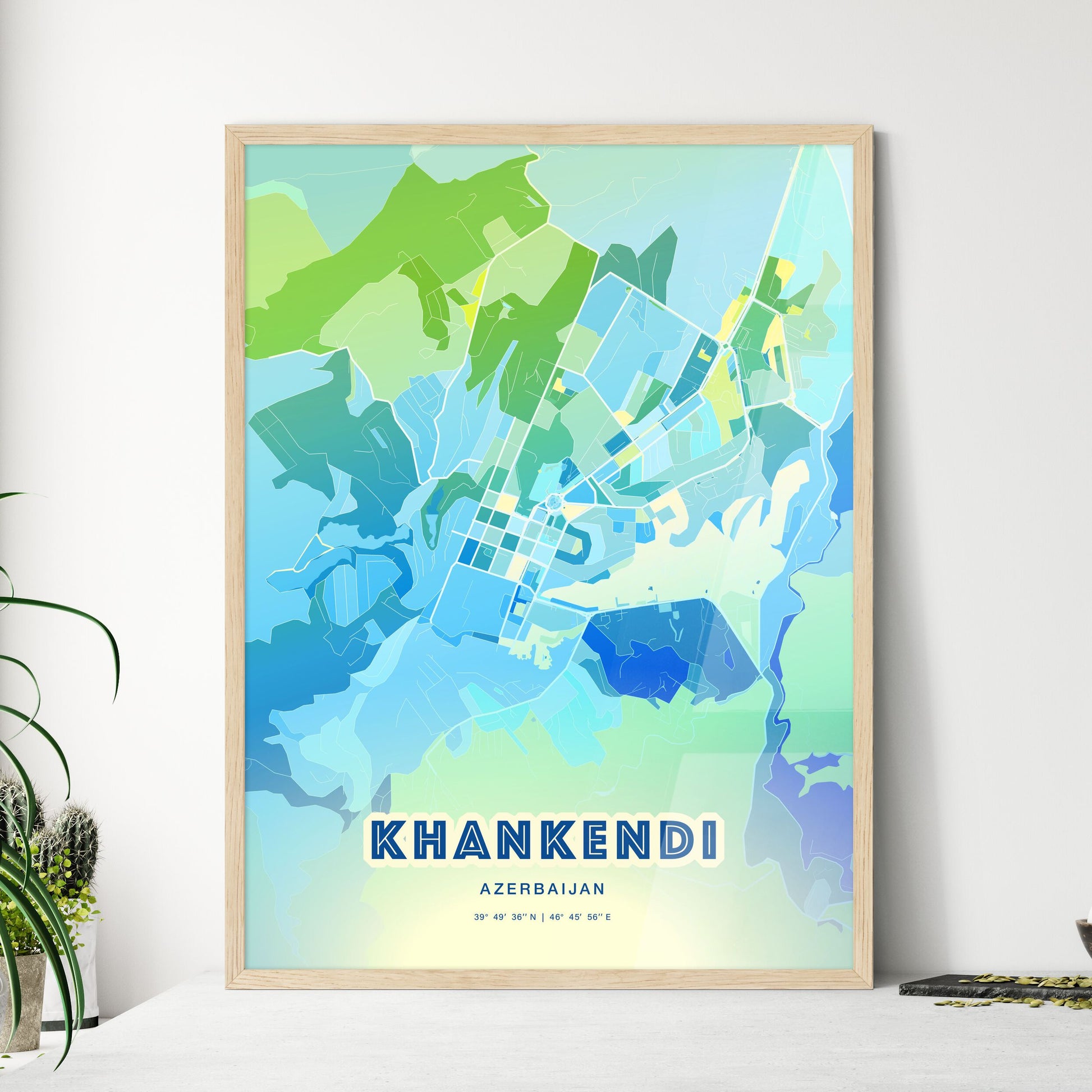 Colorful KHANKENDI AZERBAIJAN Fine Art Map Cool Blue