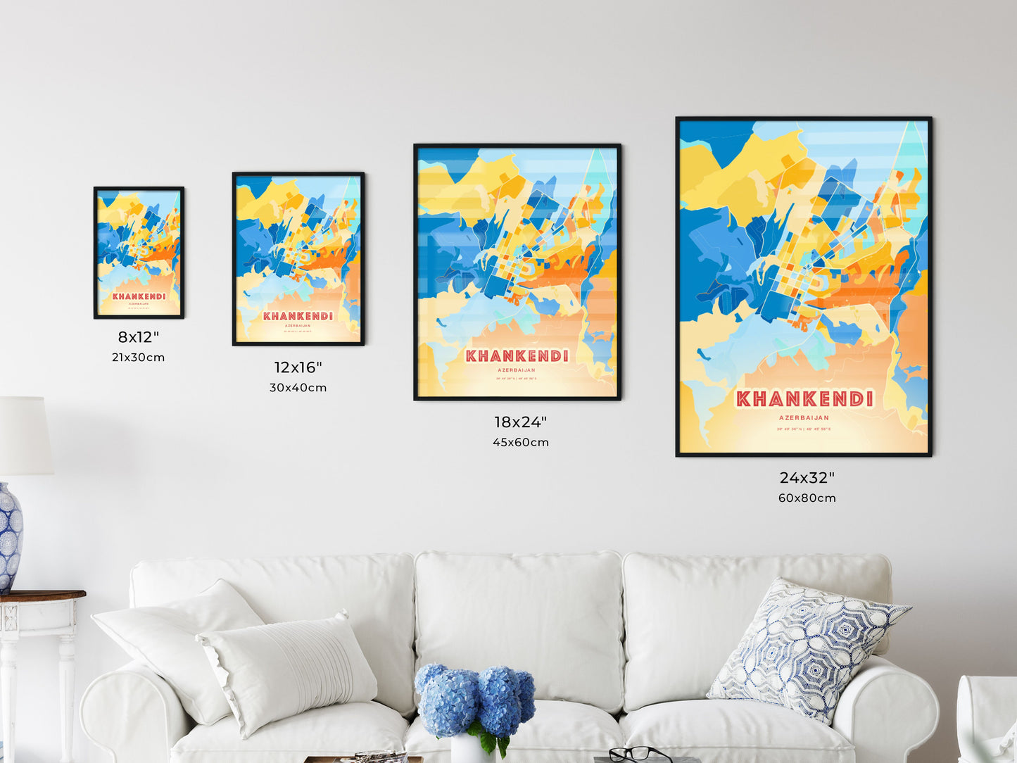 Colorful KHANKENDI AZERBAIJAN Fine Art Map Blue Orange