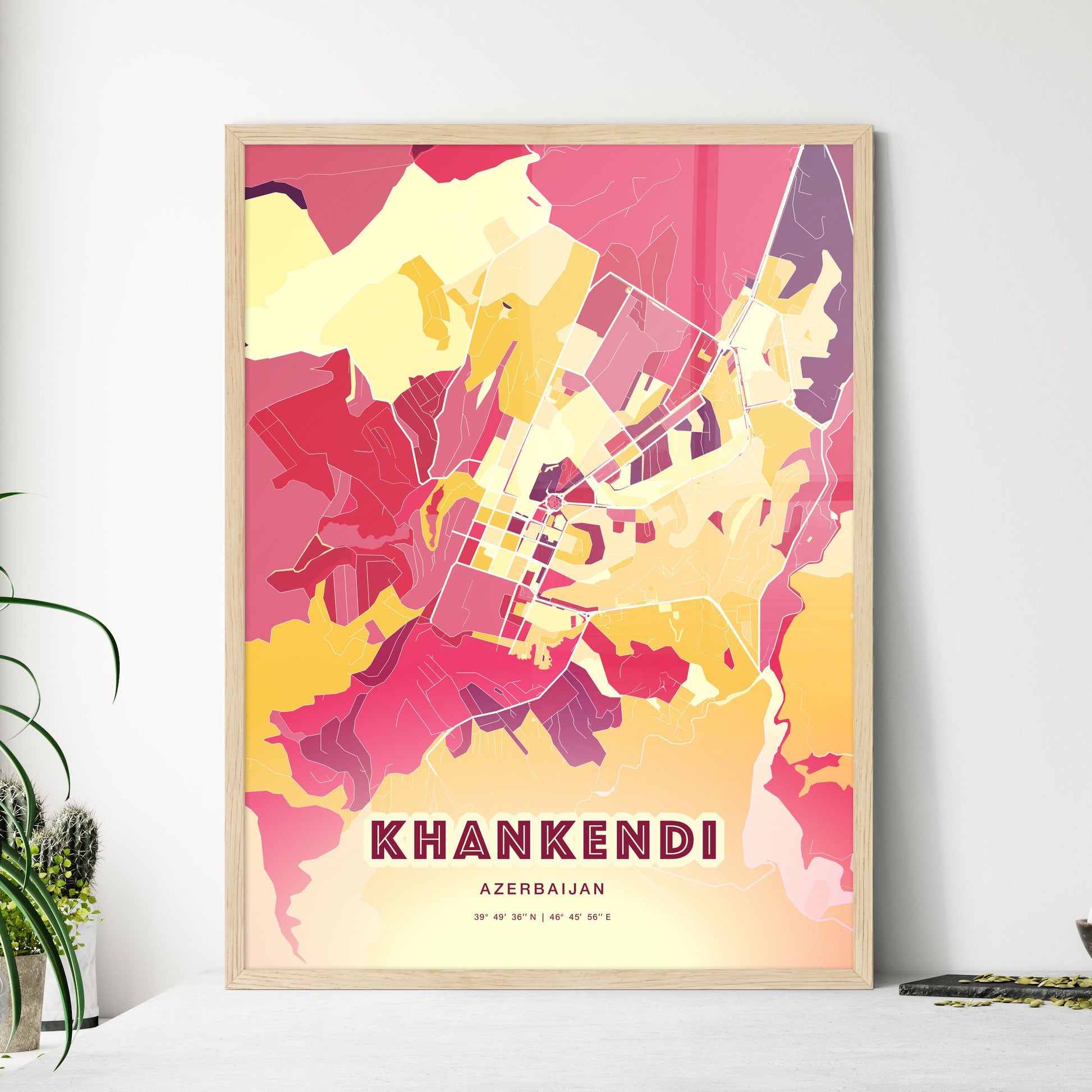 Colorful KHANKENDI AZERBAIJAN Fine Art Map Hot Red