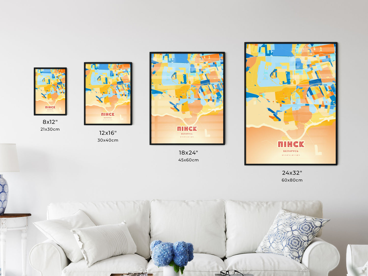 Colorful PINSK BELARUS Fine Art Map Blue Orange