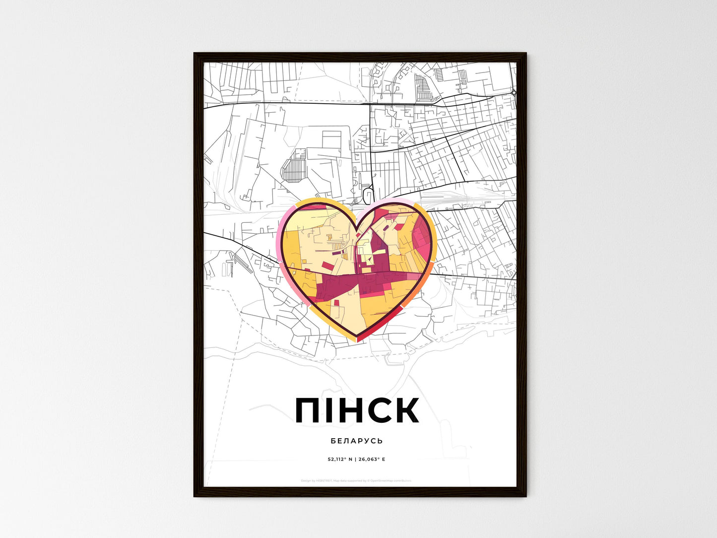 Pinsk Belarus wedding art map with heart icon