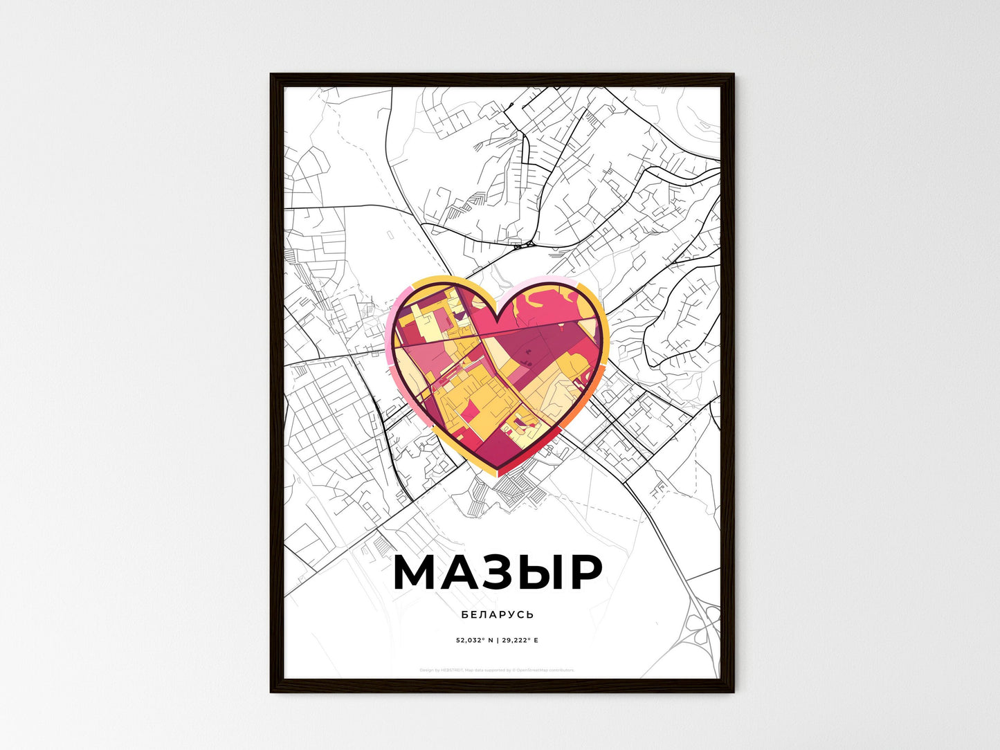 Mazyr Belarus wedding art map with heart icon