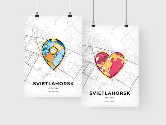 SVIETLAHORSK BELARUS minimal art map with a colorful icon. Where it all began, Couple map gift.
