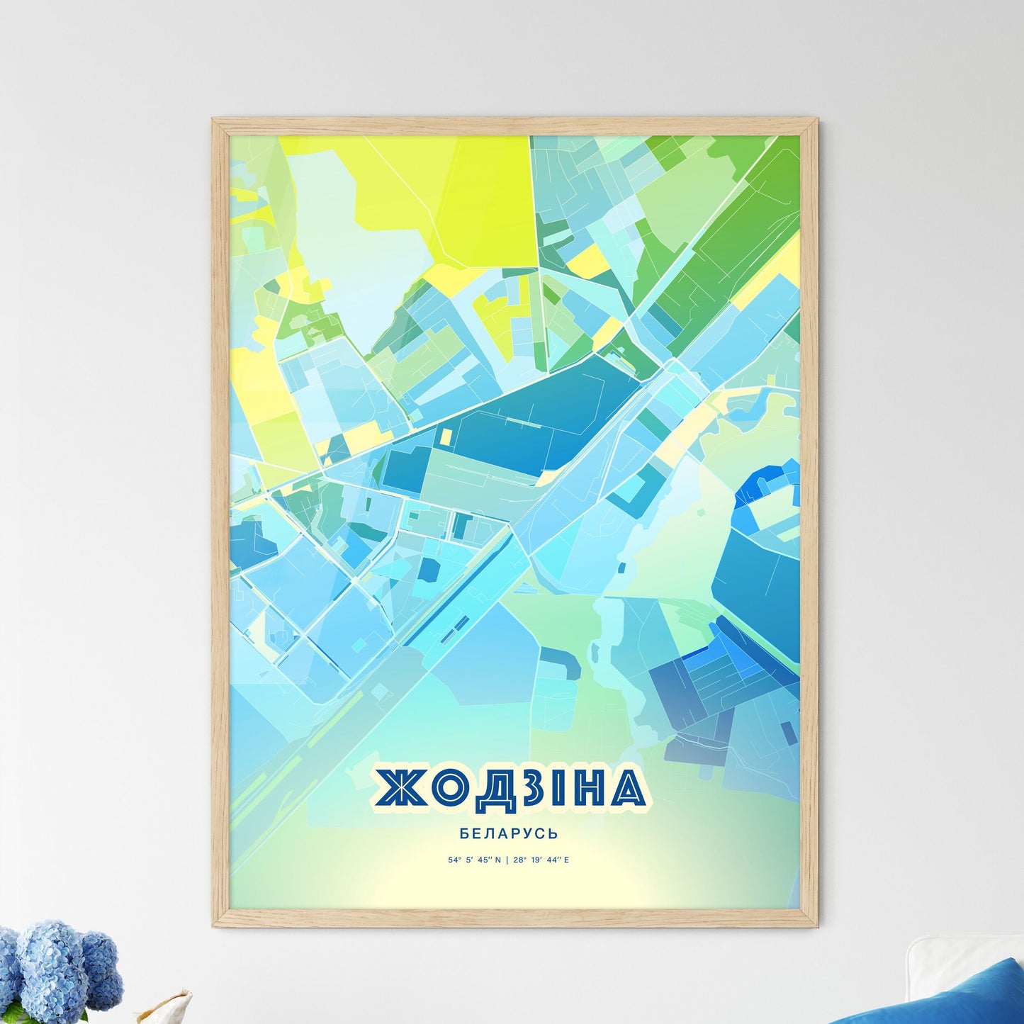 Colorful ZHODZINA BELARUS Fine Art Map Cool Blue