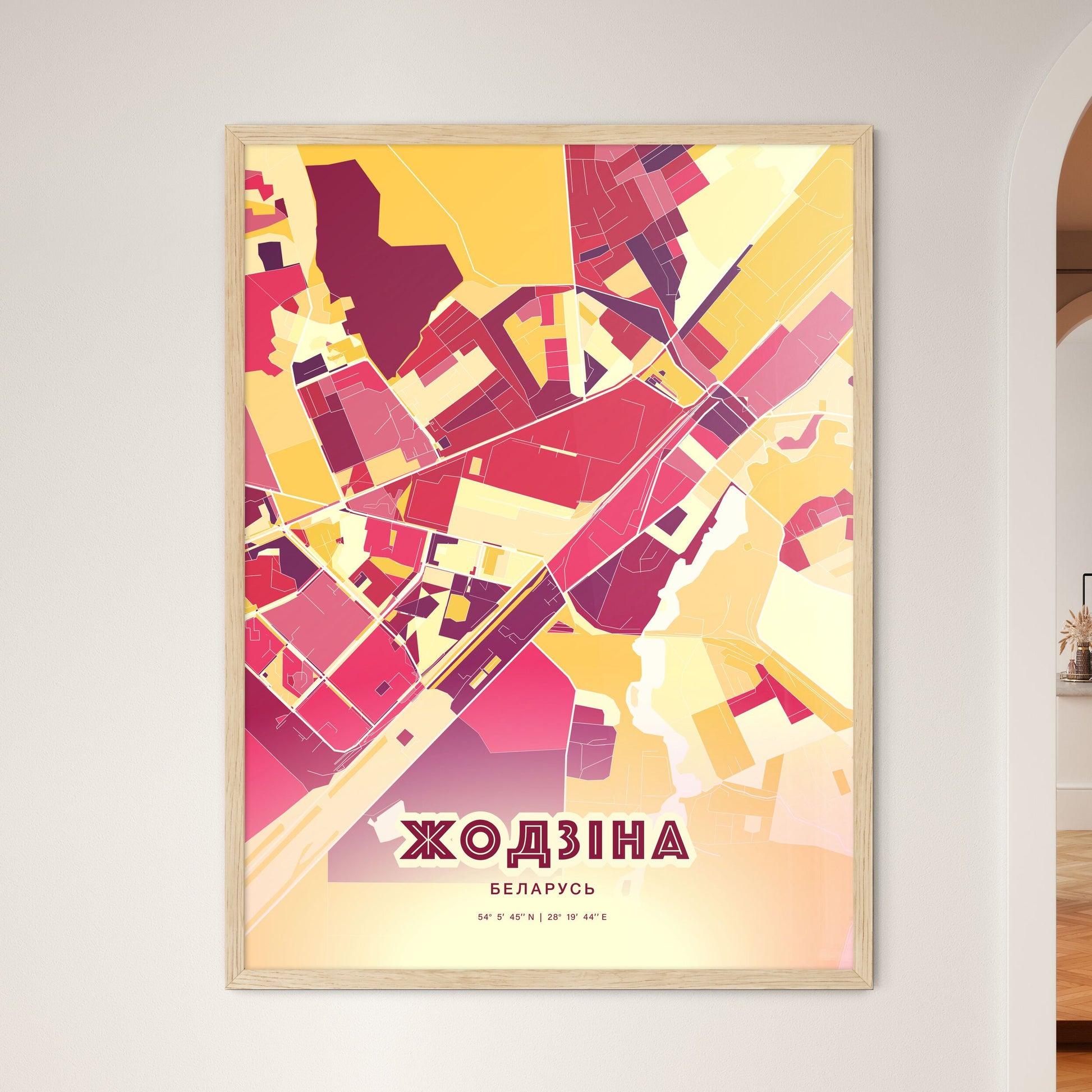 Colorful ZHODZINA BELARUS Fine Art Map Hot Red