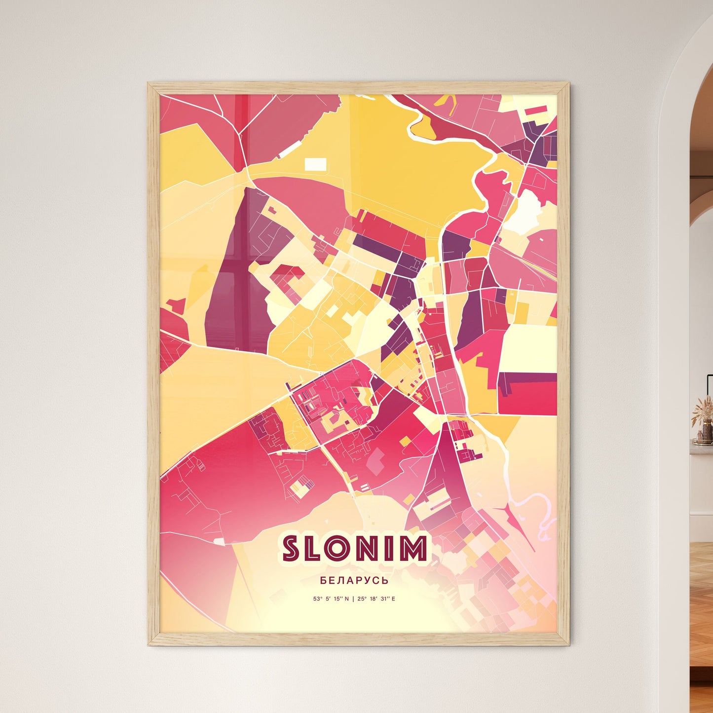 Colorful SLONIM BELARUS Fine Art Map Hot Red