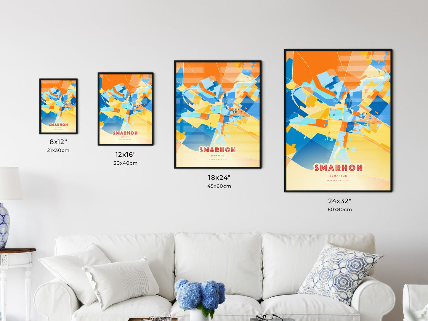 Colorful SMARHON BELARUS Fine Art Map Blue Orange