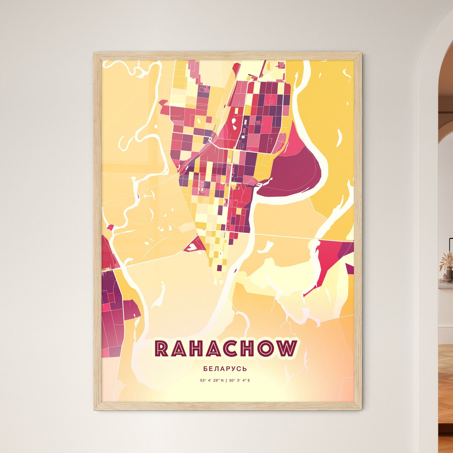 Colorful RAHACHOW BELARUS Fine Art Map Hot Red