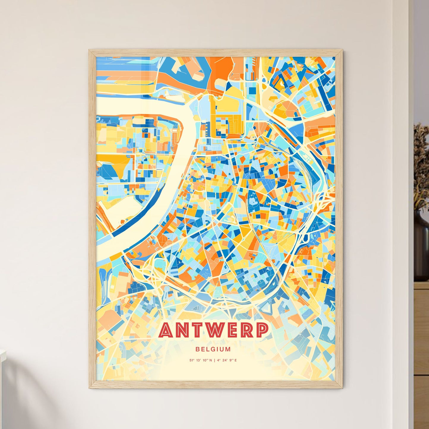 Colorful ANTWERP BELGIUM Fine Art Map Blue Orange