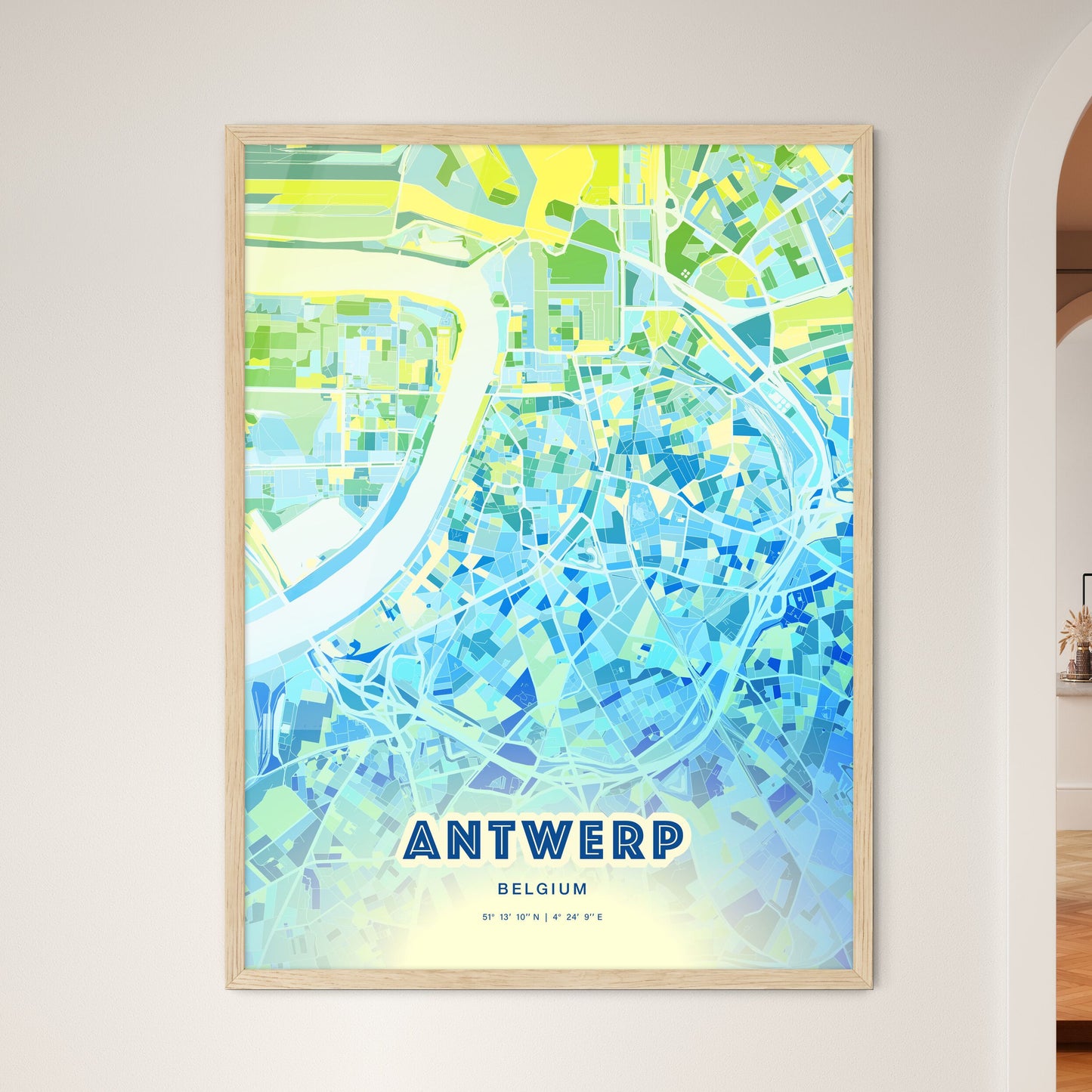 Colorful ANTWERP BELGIUM Fine Art Map Cool Blue