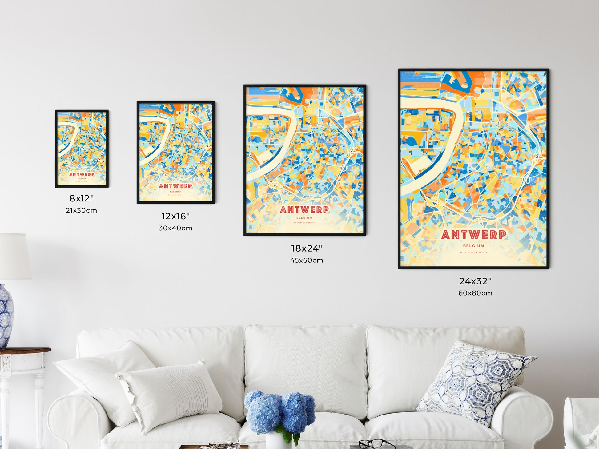 Colorful ANTWERP BELGIUM Fine Art Map Blue Orange