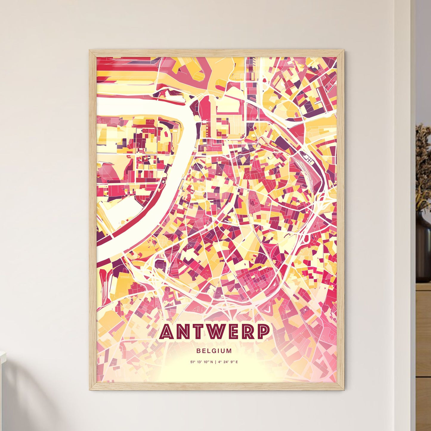 Colorful ANTWERP BELGIUM Fine Art Map Hot Red