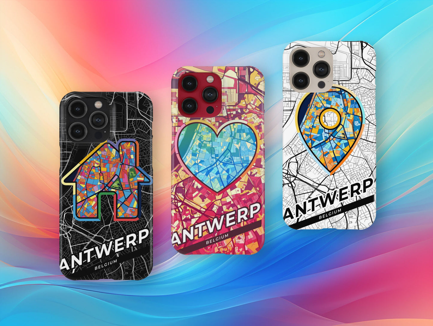 Antwerp Belgium slim phone case with colorful icon. Birthday, wedding or housewarming gift. Couple match cases.