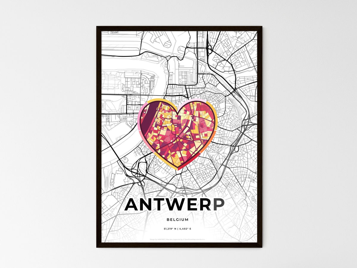 Antwerp Belgium wedding art map with heart icon