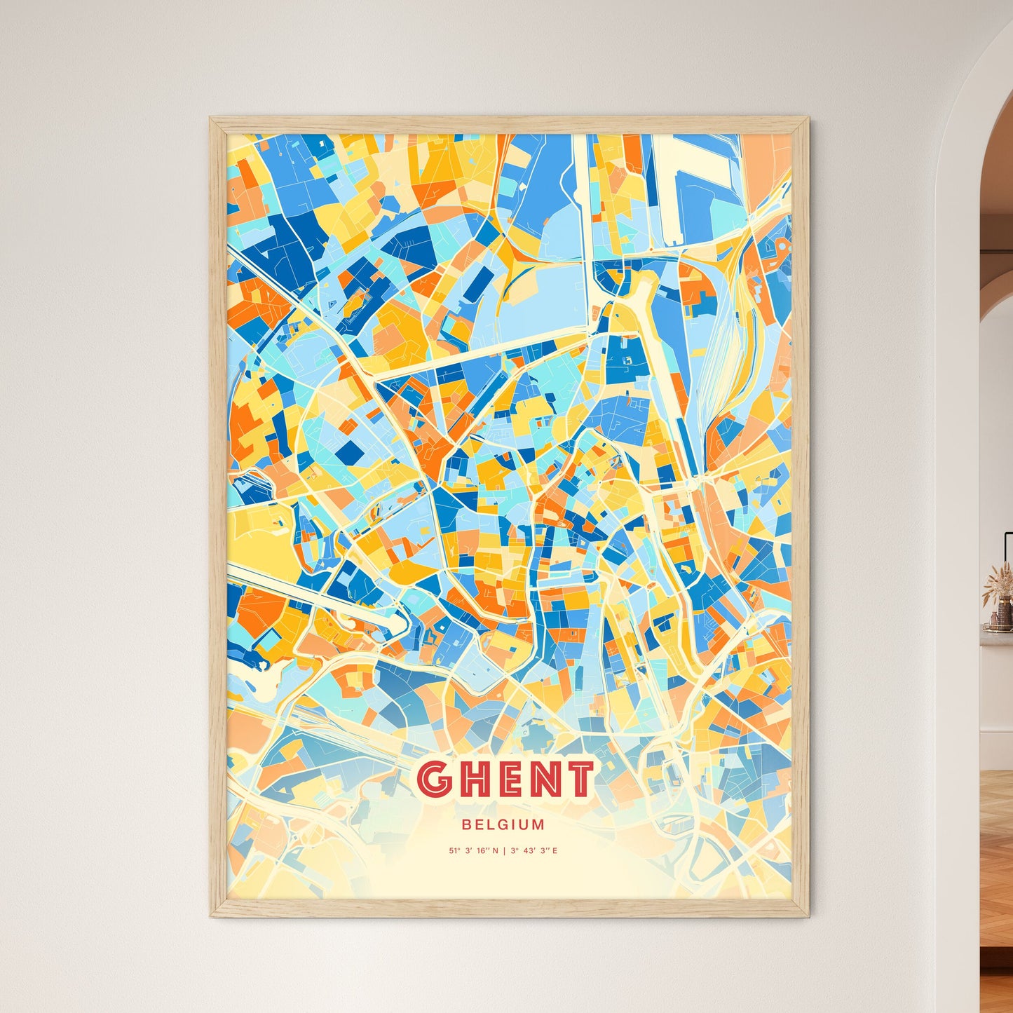 Colorful GHENT BELGIUM Fine Art Map Blue Orange