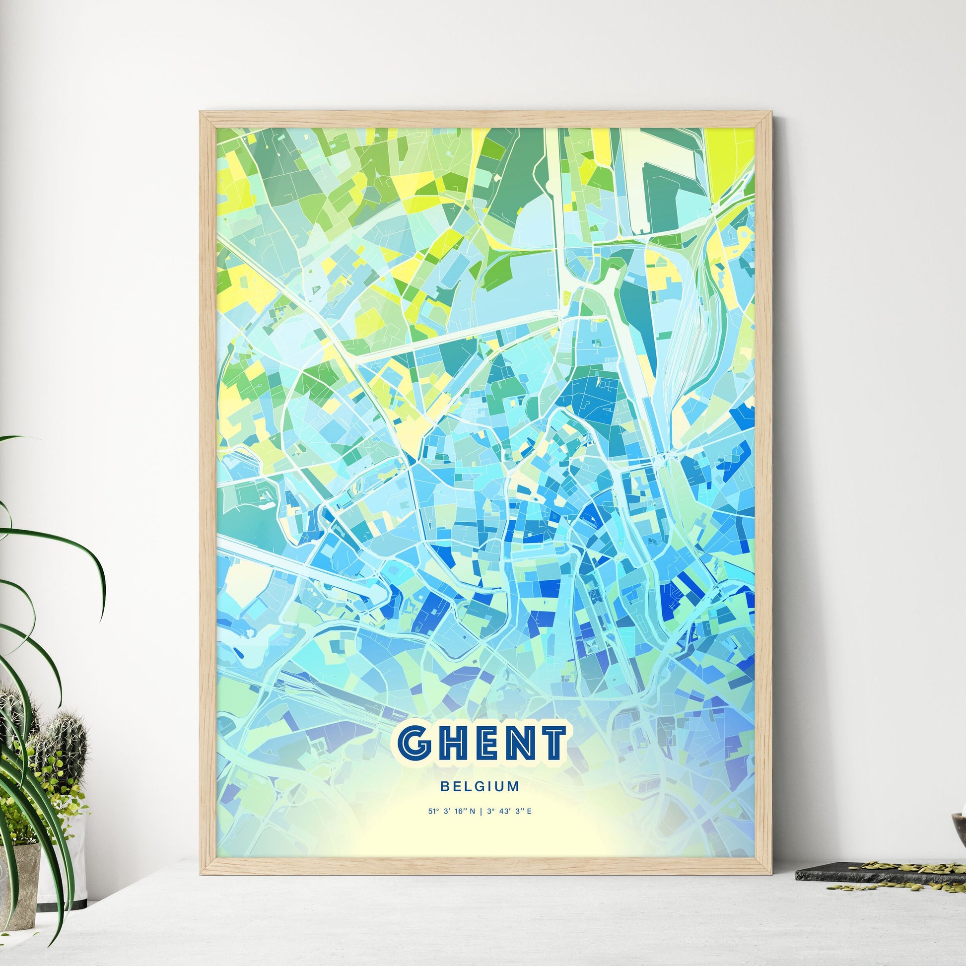 Colorful GHENT BELGIUM Fine Art Map Cool Blue