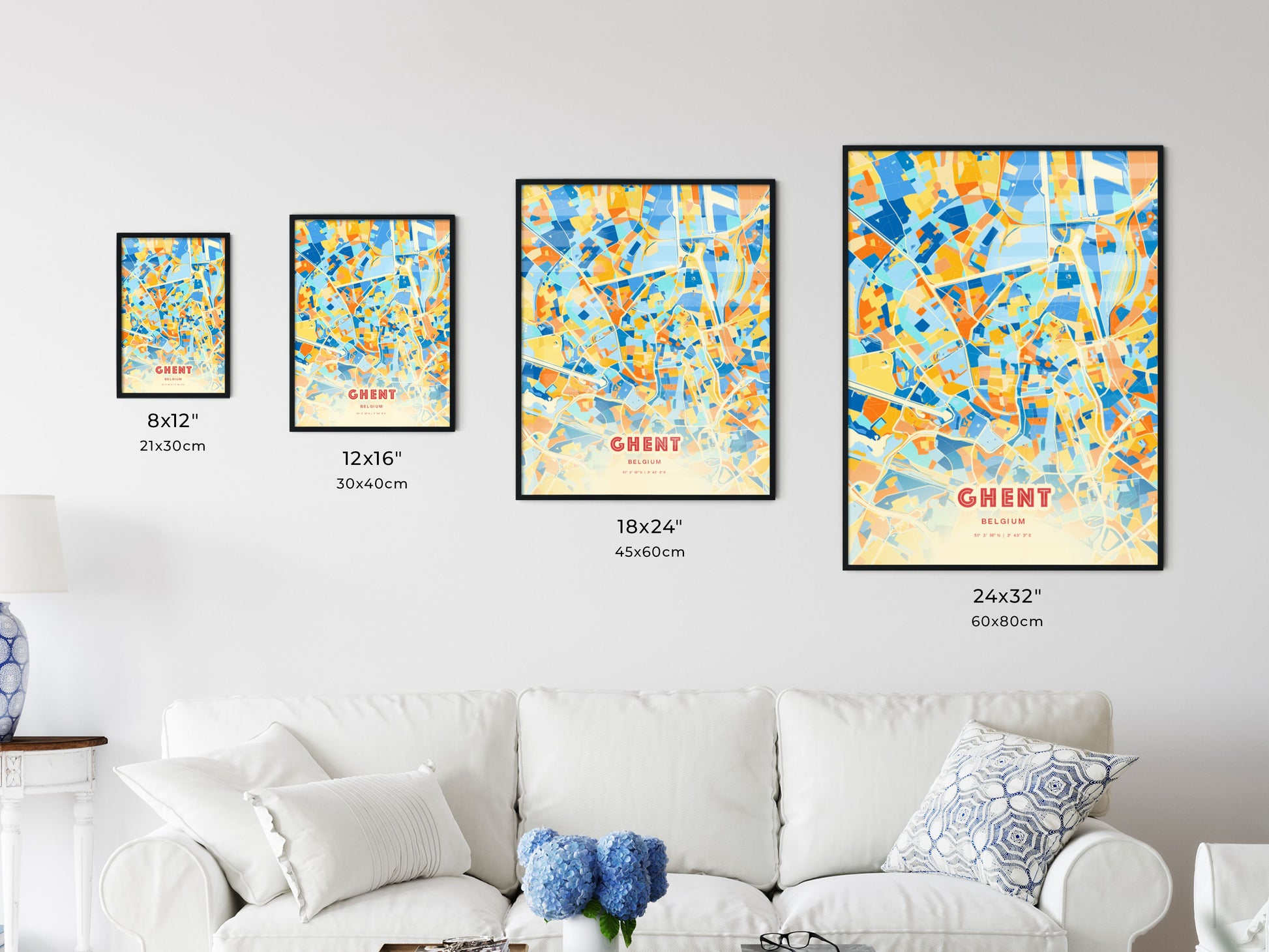 Colorful GHENT BELGIUM Fine Art Map Blue Orange