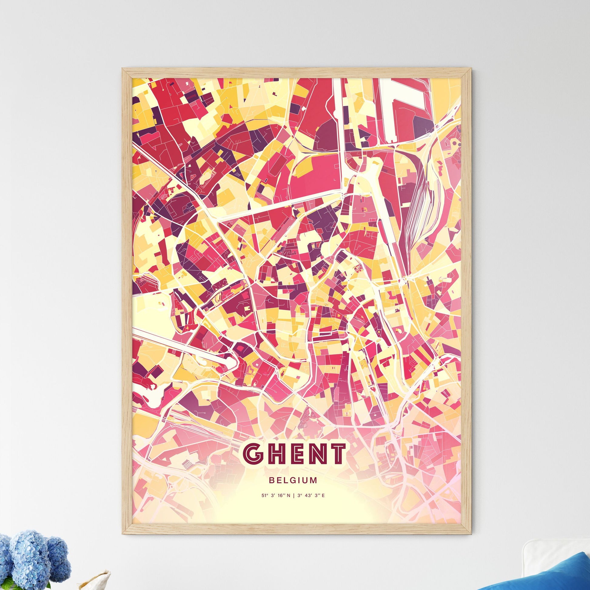 Colorful GHENT BELGIUM Fine Art Map Hot Red