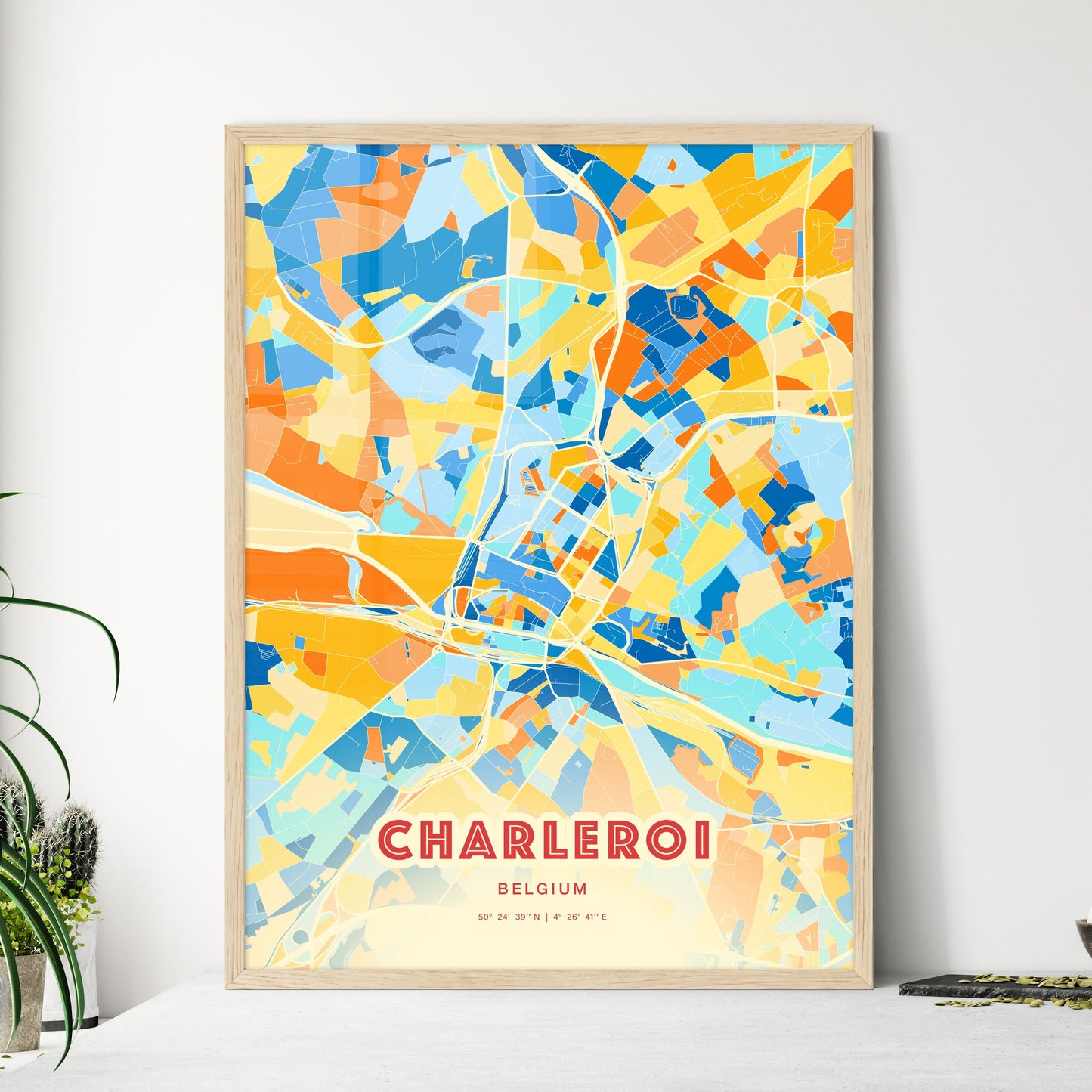 Colorful Charleroi Belgium Fine Art Map Blue Orange