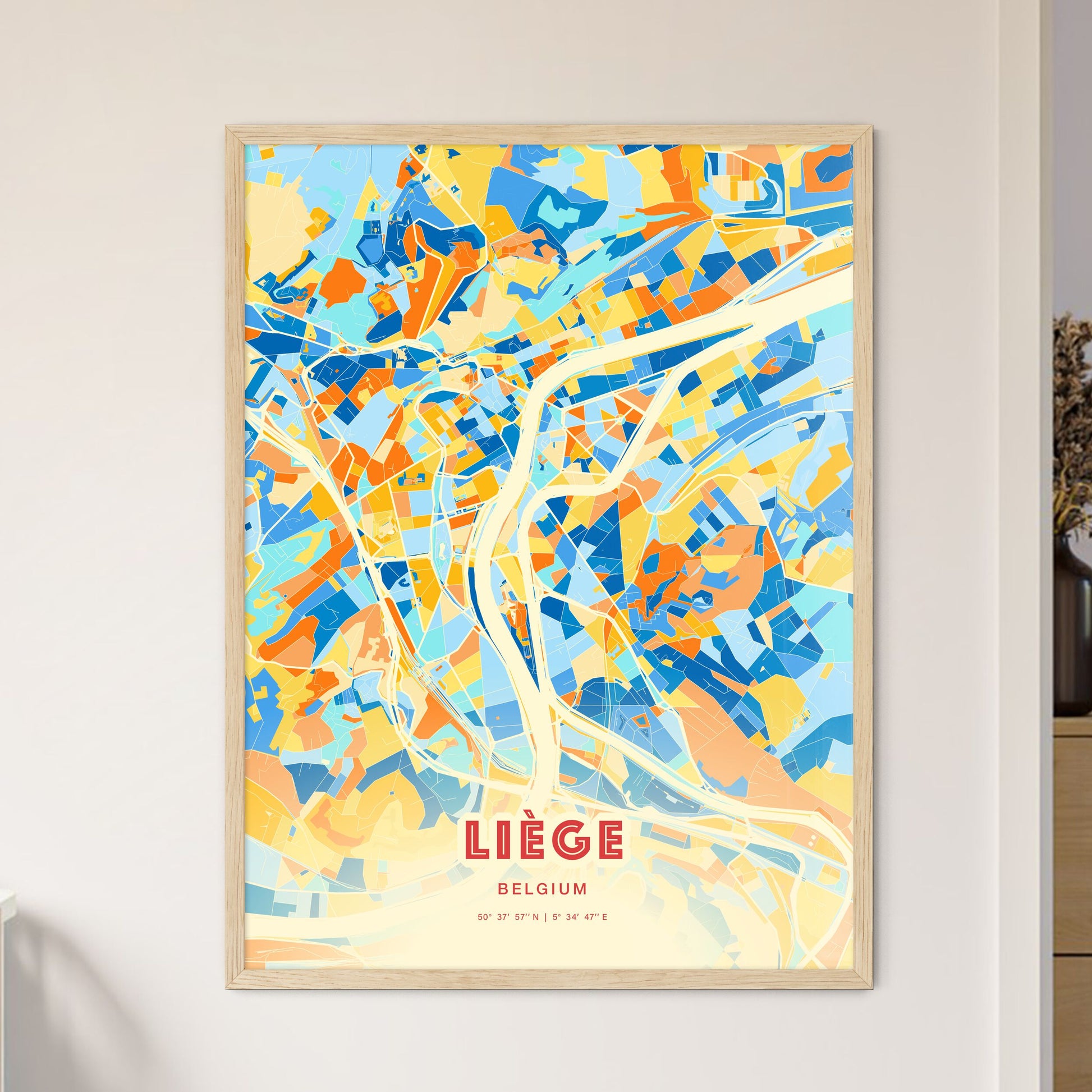 Colorful LIÈGE BELGIUM Fine Art Map Blue Orange