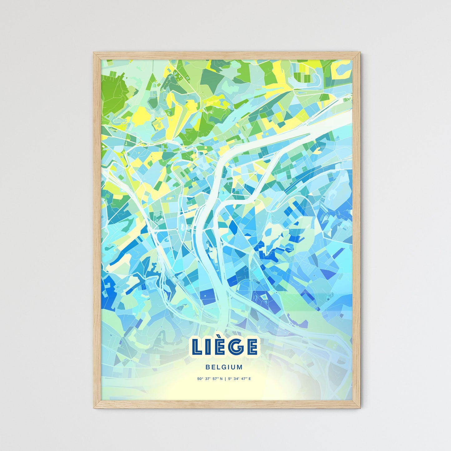 Colorful LIÈGE BELGIUM Fine Art Map Cool Blue