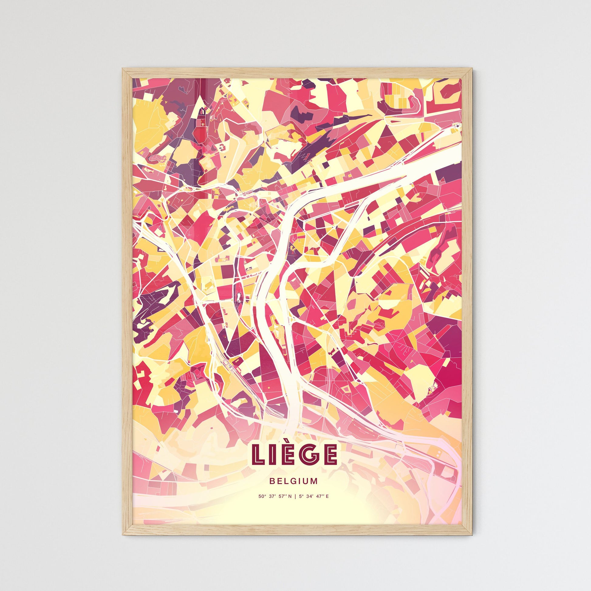 Colorful LIÈGE BELGIUM Fine Art Map Hot Red