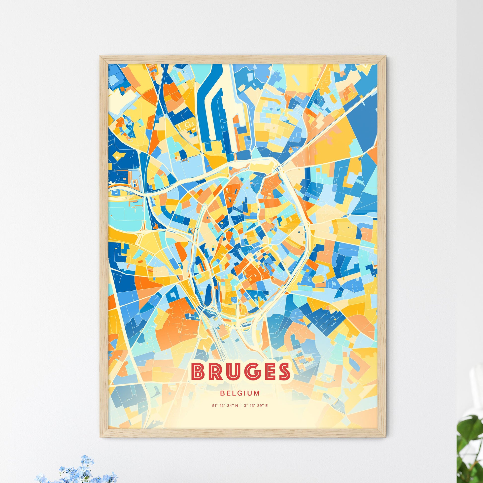 Colorful BRUGES BELGIUM Fine Art Map Blue Orange