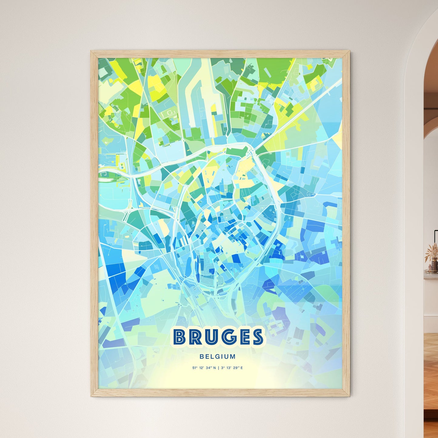 Colorful BRUGES BELGIUM Fine Art Map Cool Blue