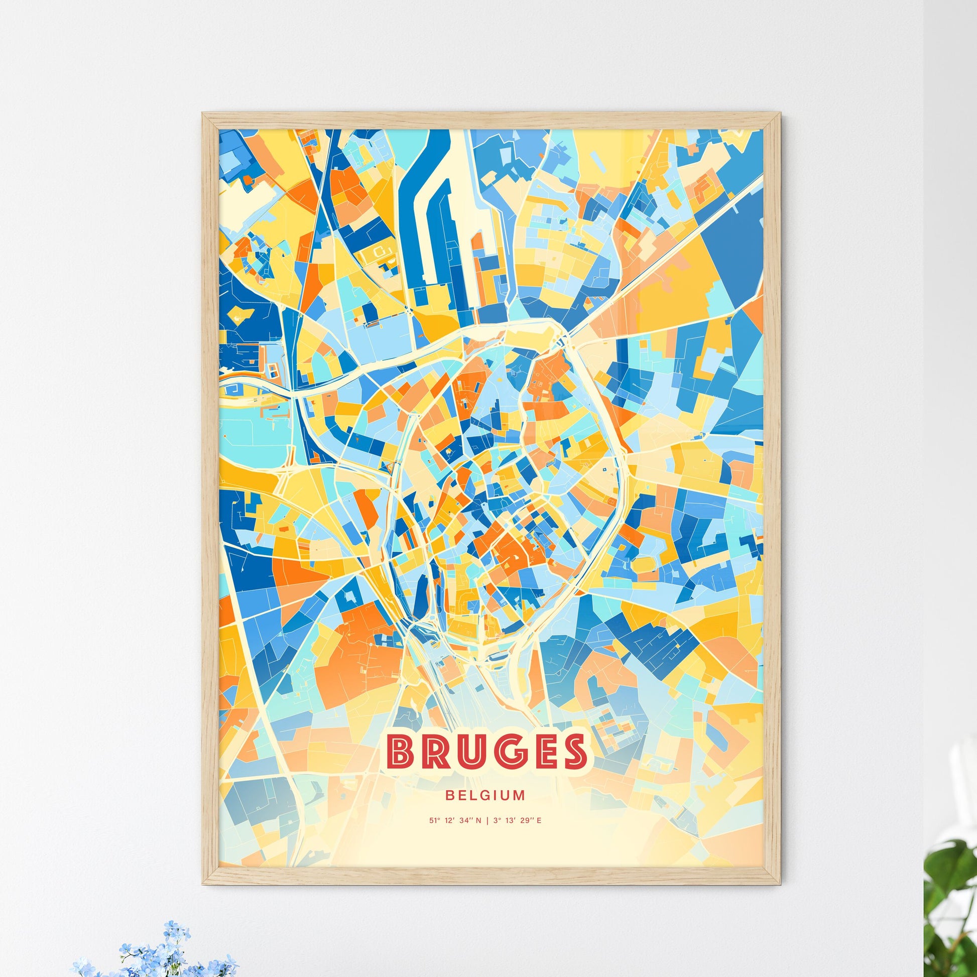 Colorful Bruges Belgium Fine Art Map Blue Orange