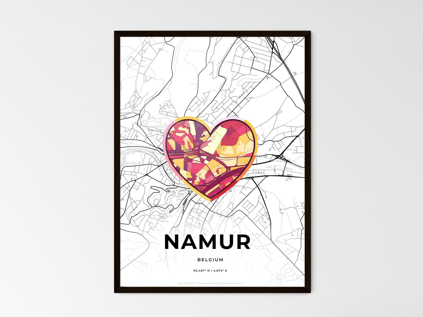 Namur Belgium wedding art map with heart icon