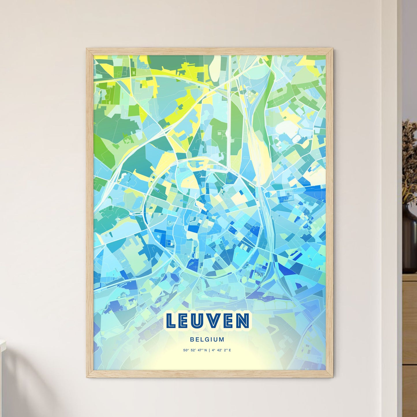 Colorful LEUVEN BELGIUM Fine Art Map Cool Blue