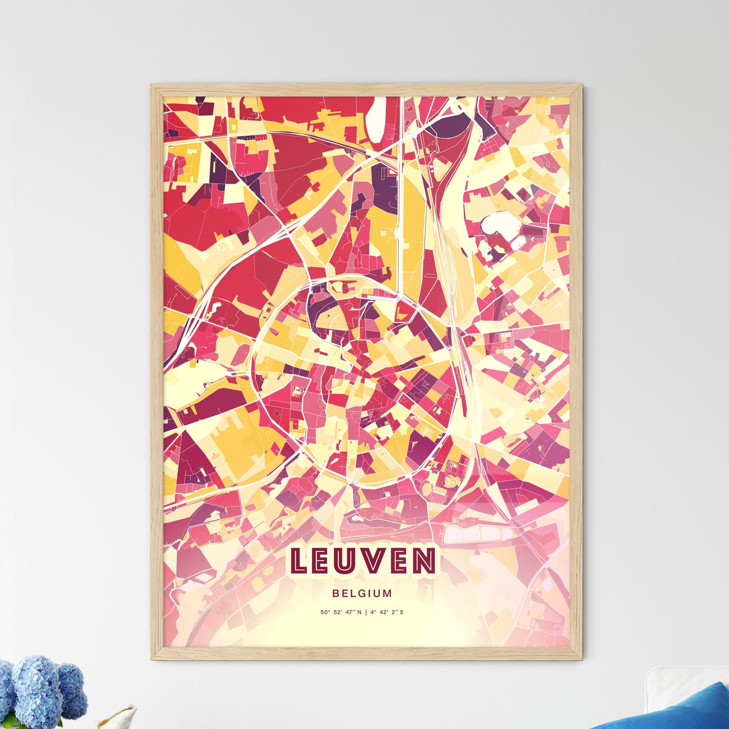 Colorful LEUVEN BELGIUM Fine Art Map Hot Red