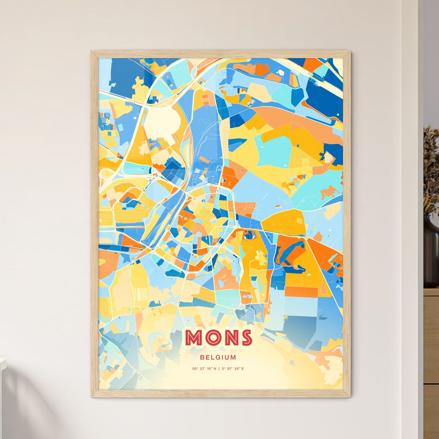 Colorful MONS BELGIUM Fine Art Map Blue Orange