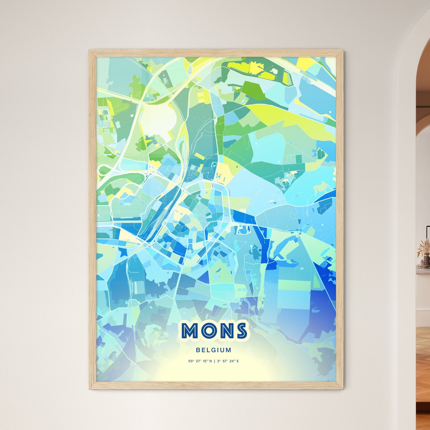 Colorful MONS BELGIUM Fine Art Map Cool Blue