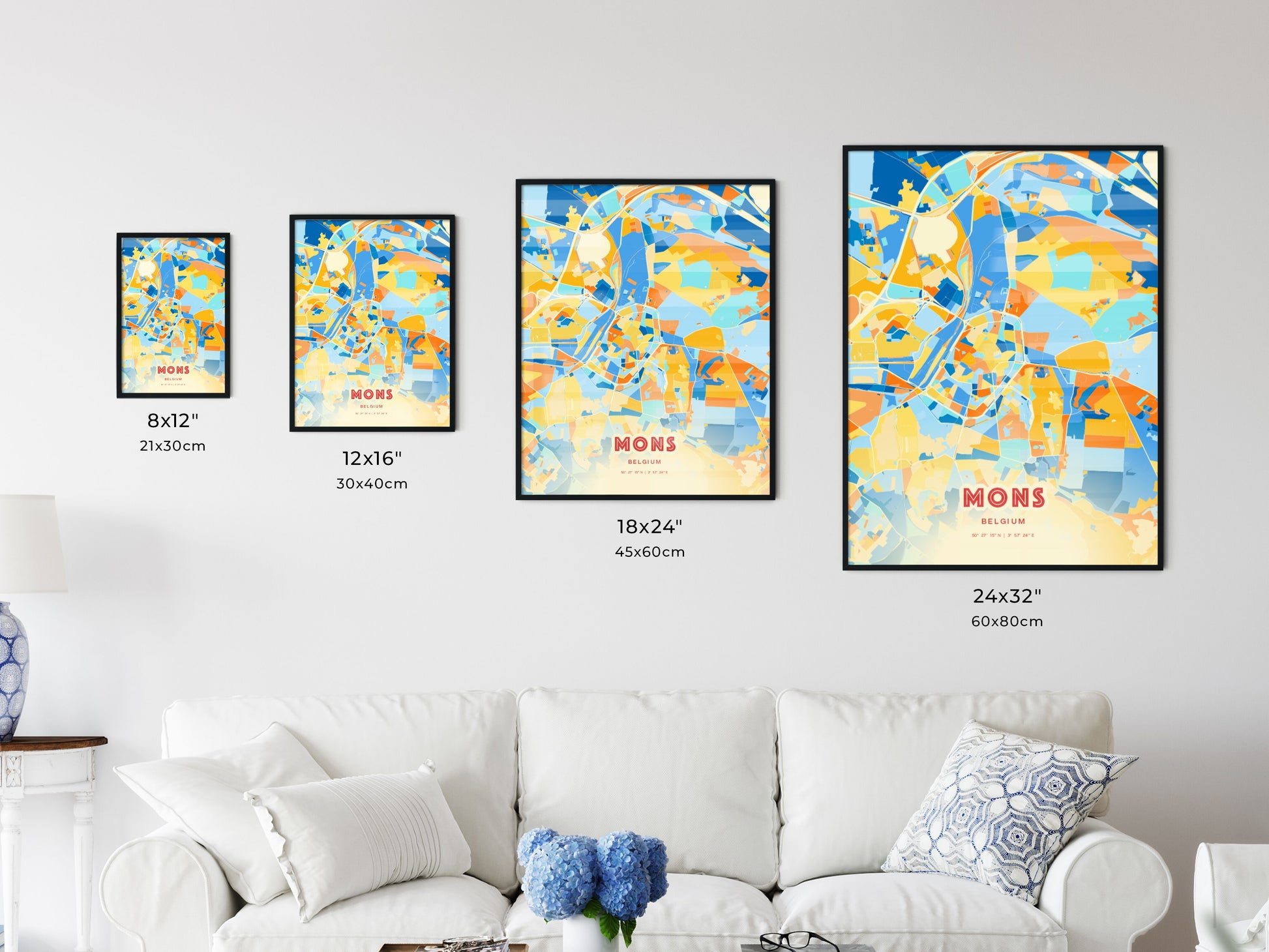 Colorful MONS BELGIUM Fine Art Map Blue Orange