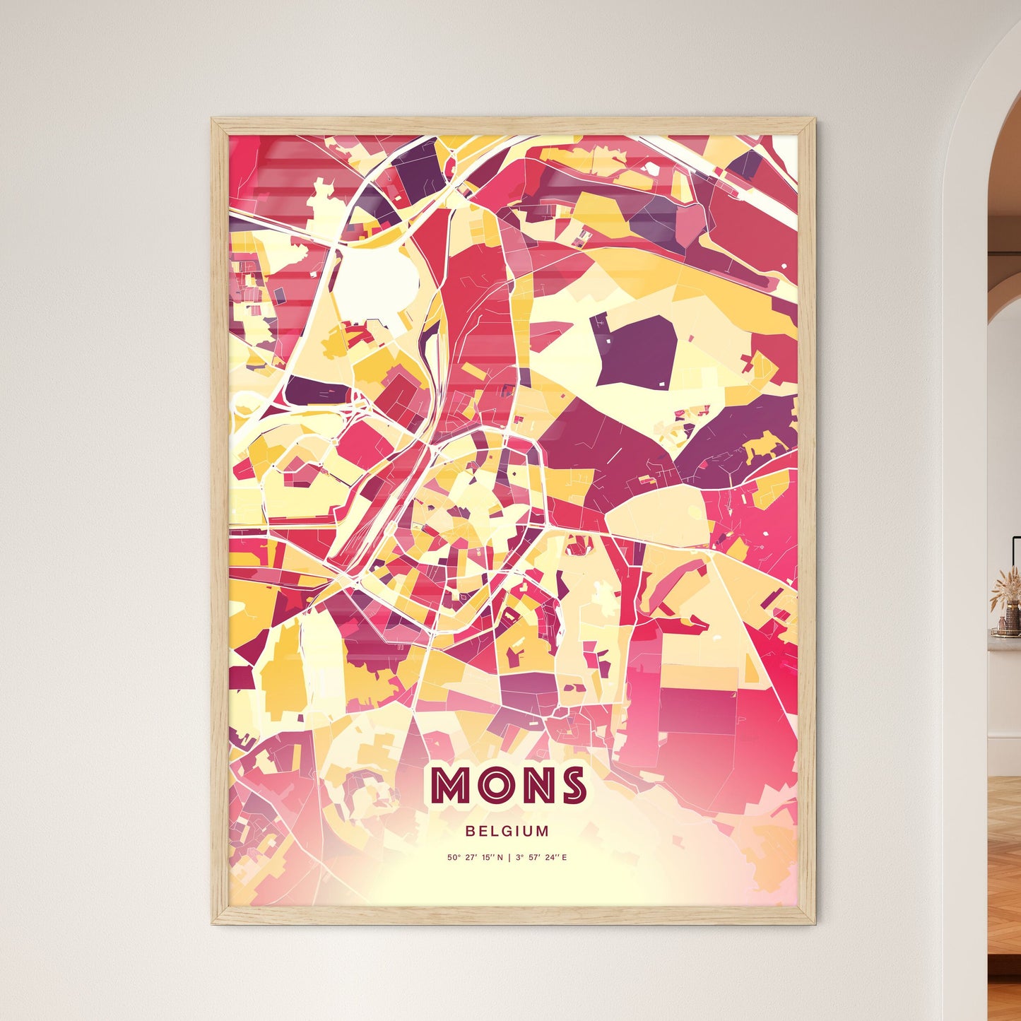 Colorful MONS BELGIUM Fine Art Map Hot Red