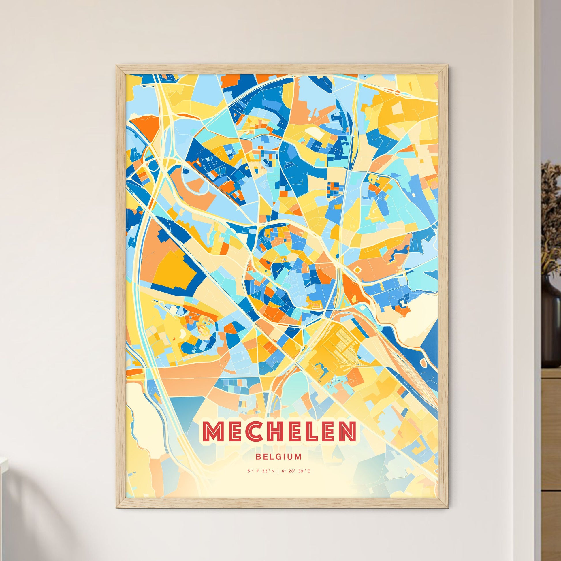 Colorful MECHELEN BELGIUM Fine Art Map Blue Orange