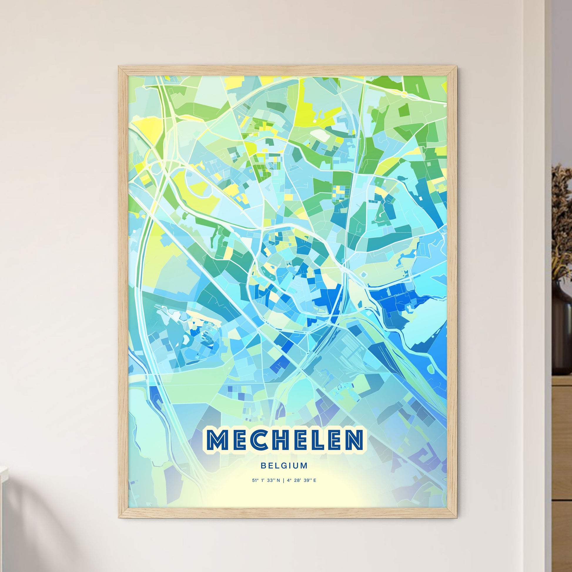 Colorful MECHELEN BELGIUM Fine Art Map Cool Blue