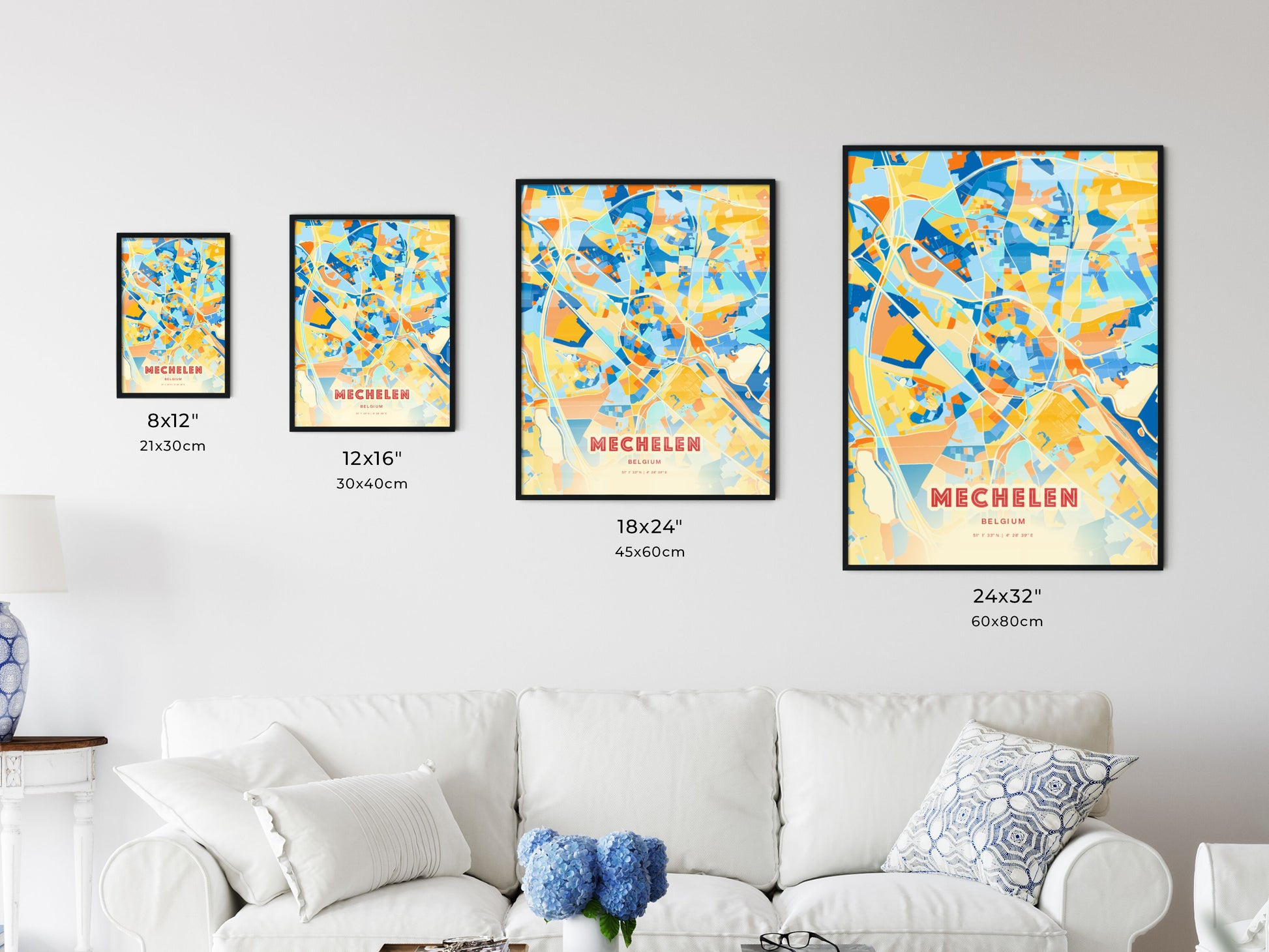 Colorful MECHELEN BELGIUM Fine Art Map Blue Orange