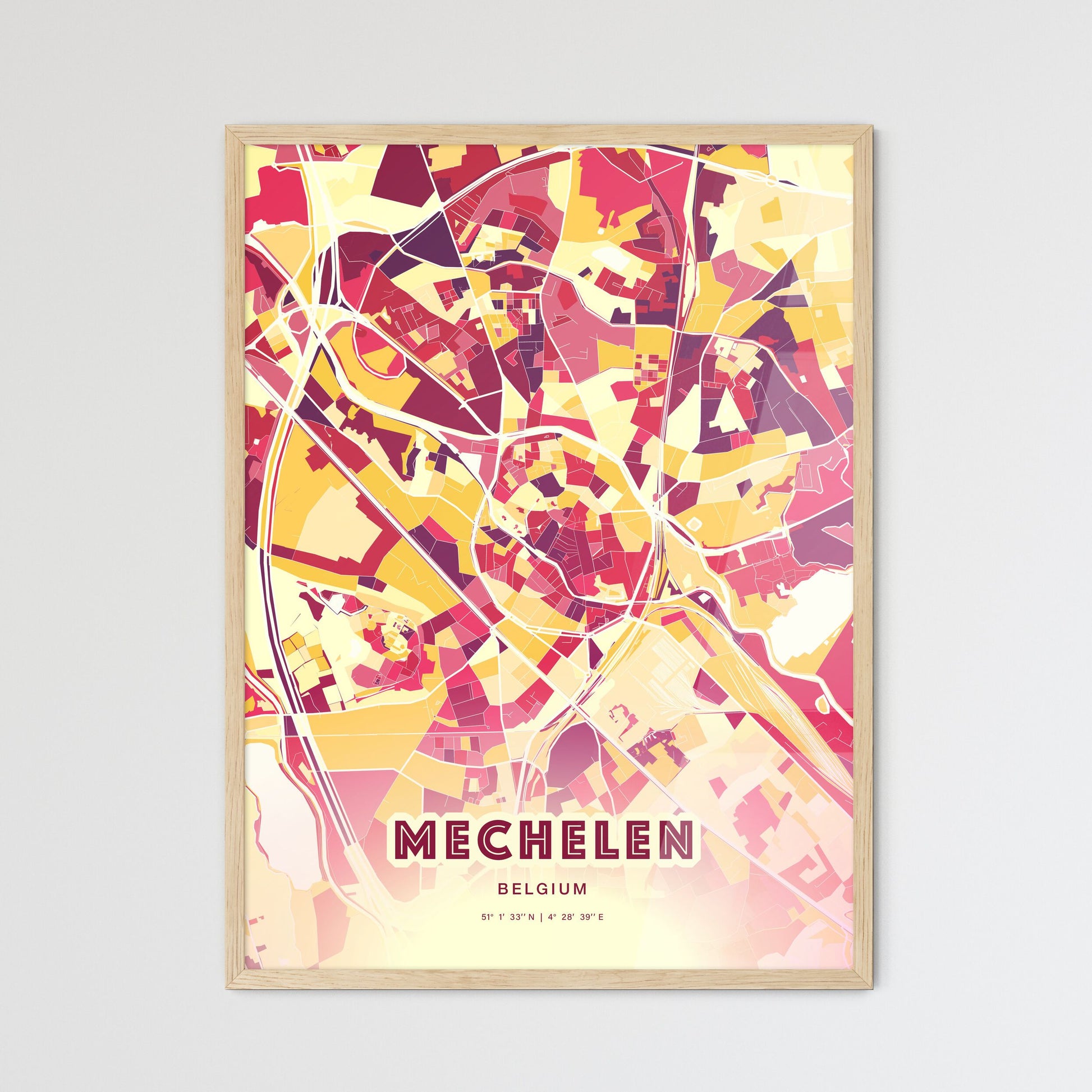 Colorful MECHELEN BELGIUM Fine Art Map Hot Red