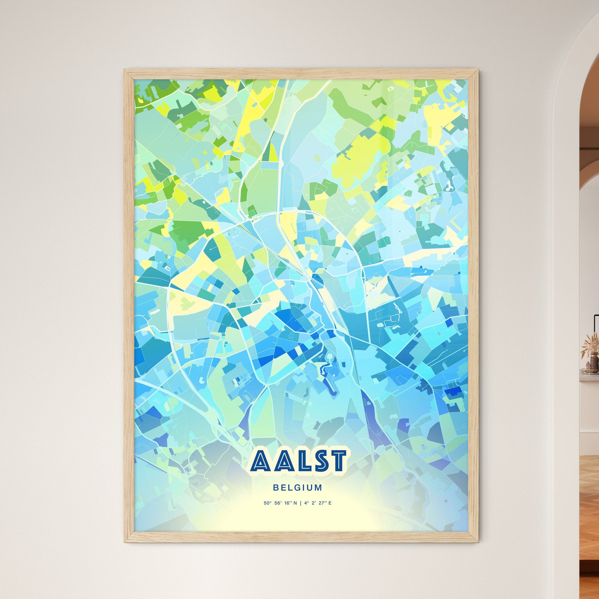 Colorful AALST BELGIUM Fine Art Map Cool Blue