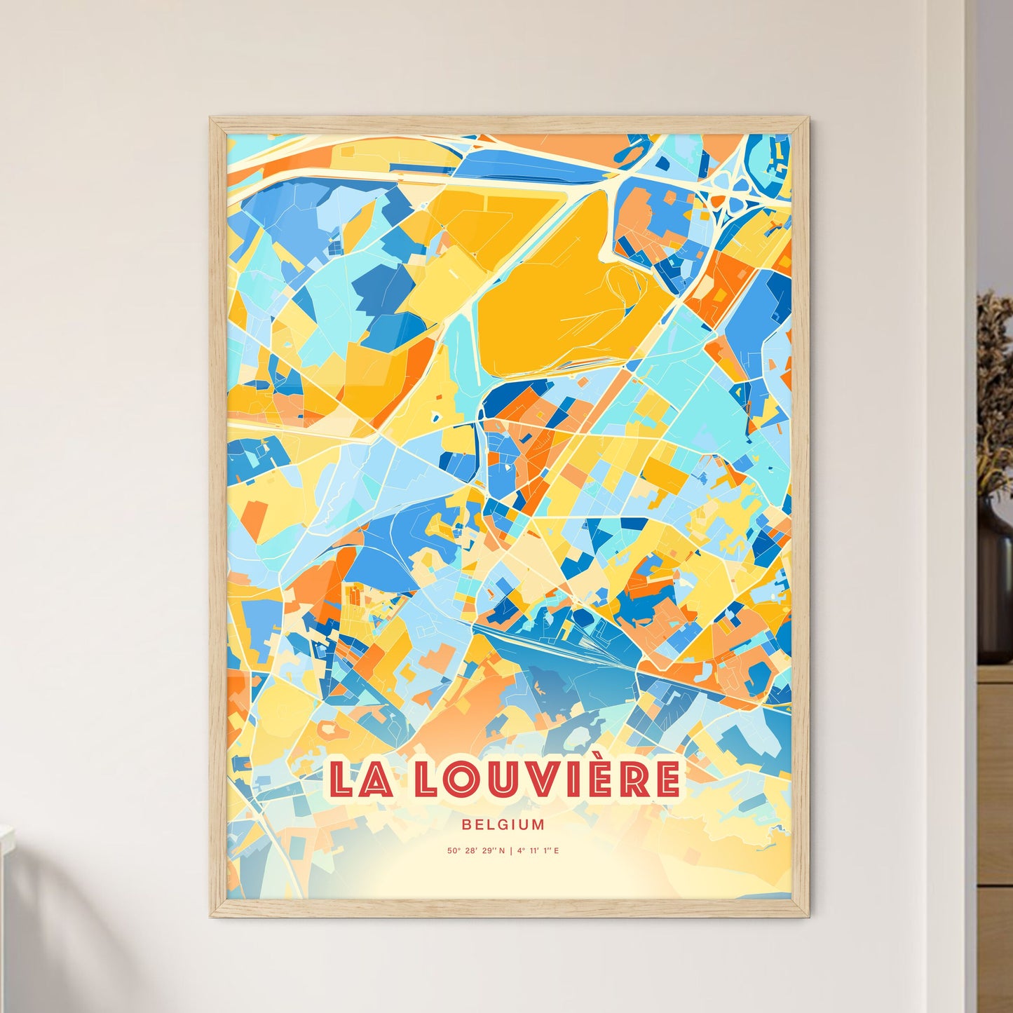 Colorful LA LOUVIÈRE BELGIUM Fine Art Map Blue Orange