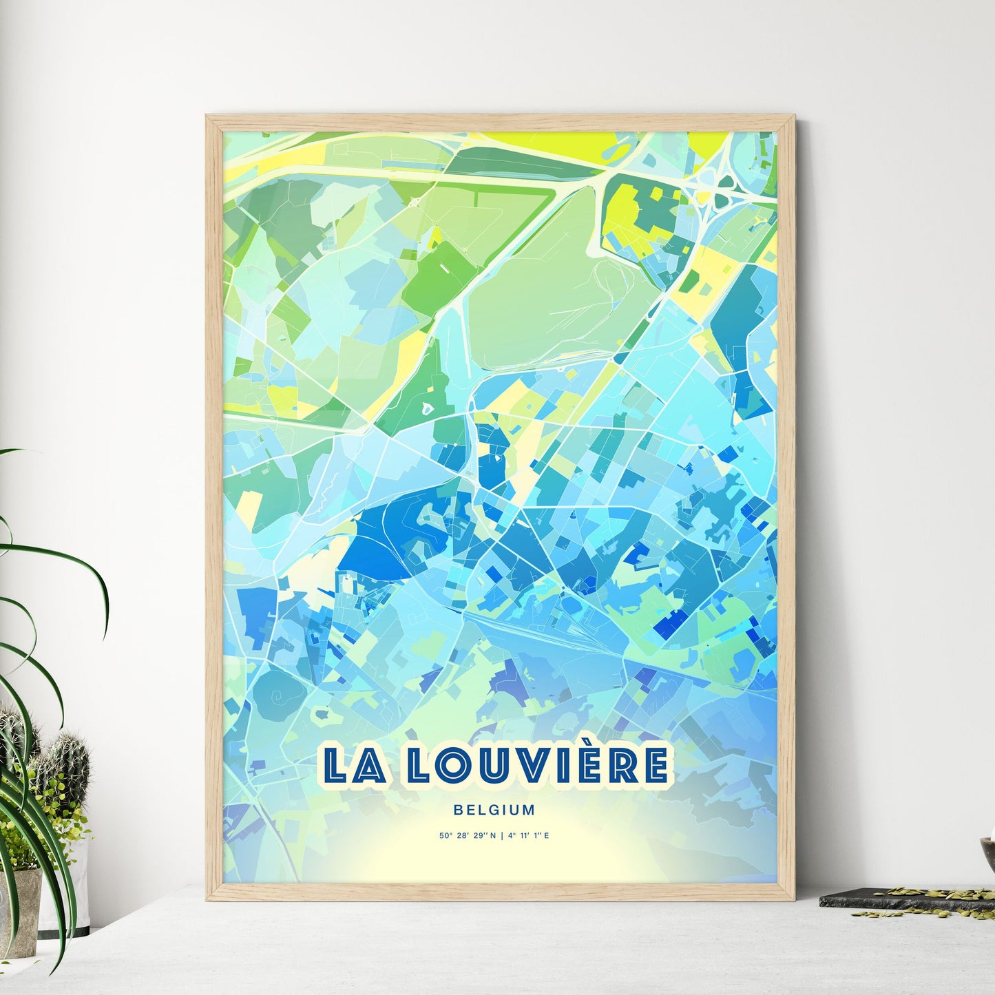 Colorful LA LOUVIÈRE BELGIUM Fine Art Map Cool Blue