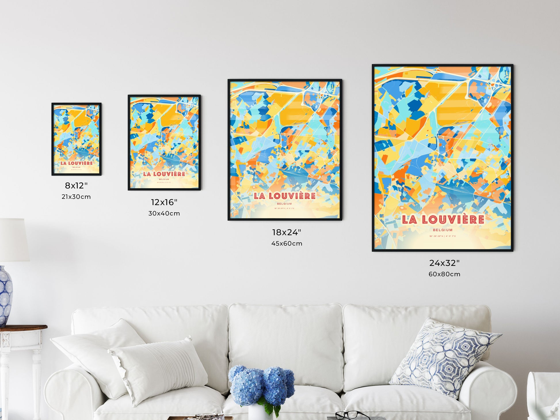 Colorful LA LOUVIÈRE BELGIUM Fine Art Map Blue Orange