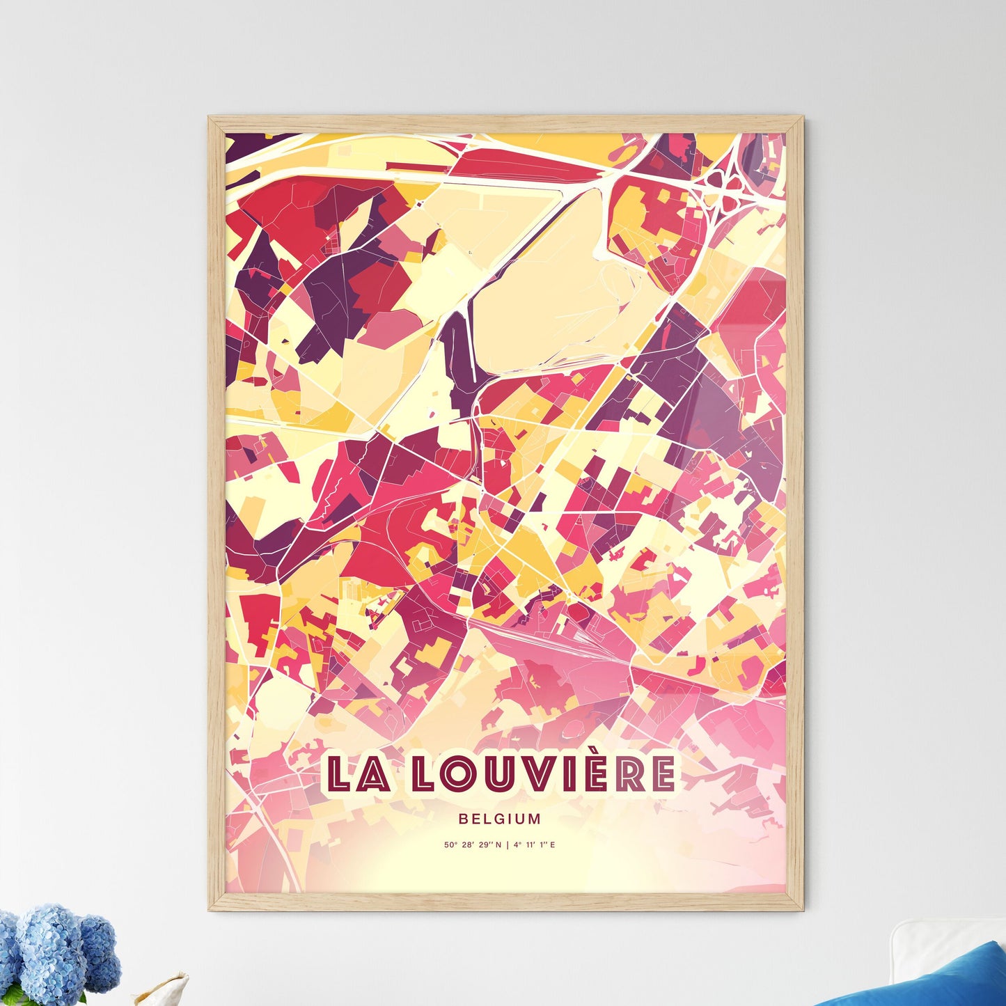 Colorful LA LOUVIÈRE BELGIUM Fine Art Map Hot Red