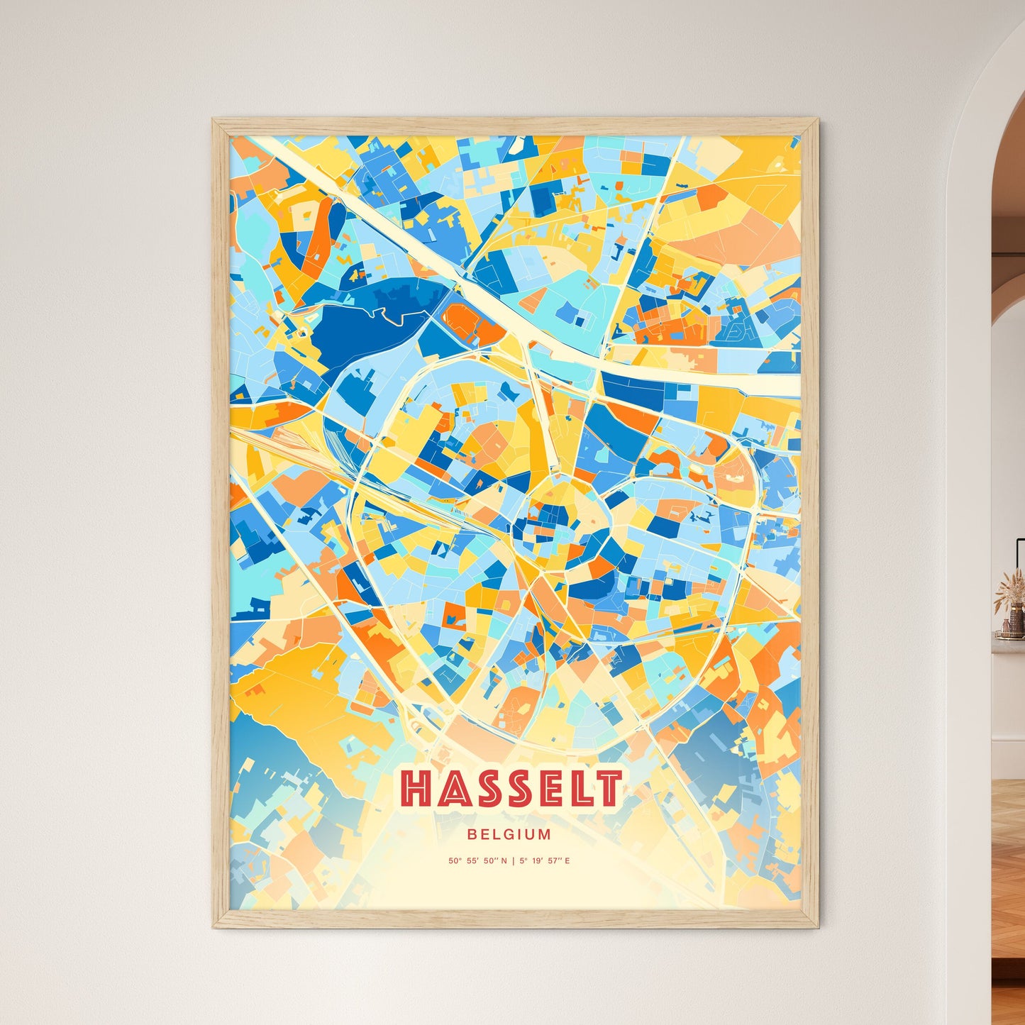 Colorful Hasselt Belgium Fine Art Map Blue Orange