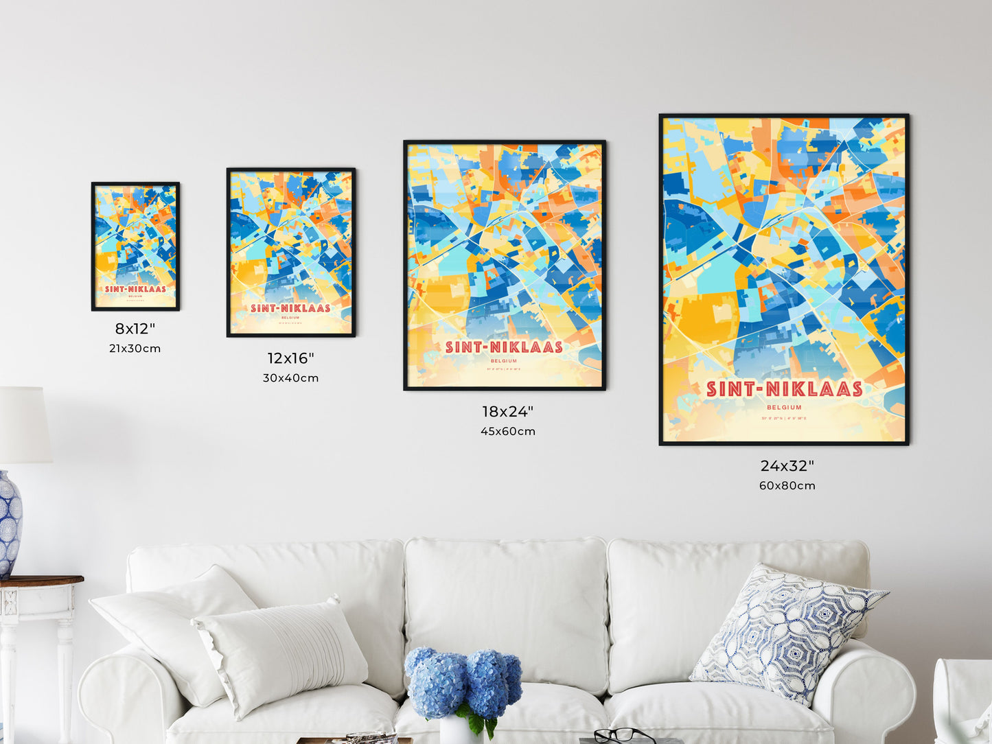 Colorful SINT-NIKLAAS BELGIUM Fine Art Map Blue Orange