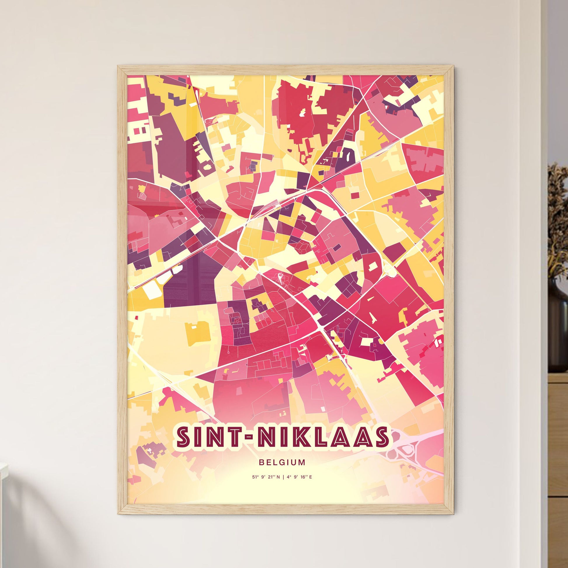 Colorful SINT-NIKLAAS BELGIUM Fine Art Map Hot Red